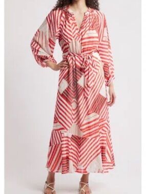 Red and White Geometric Maxi Dress with Tie Waist and Long Sleeves